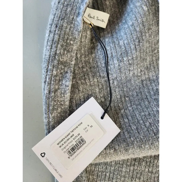 NWT PAUL SMITH Pom Pom Lambswool Scarf Grey 9'' x 66'' - Picture 4 of 11